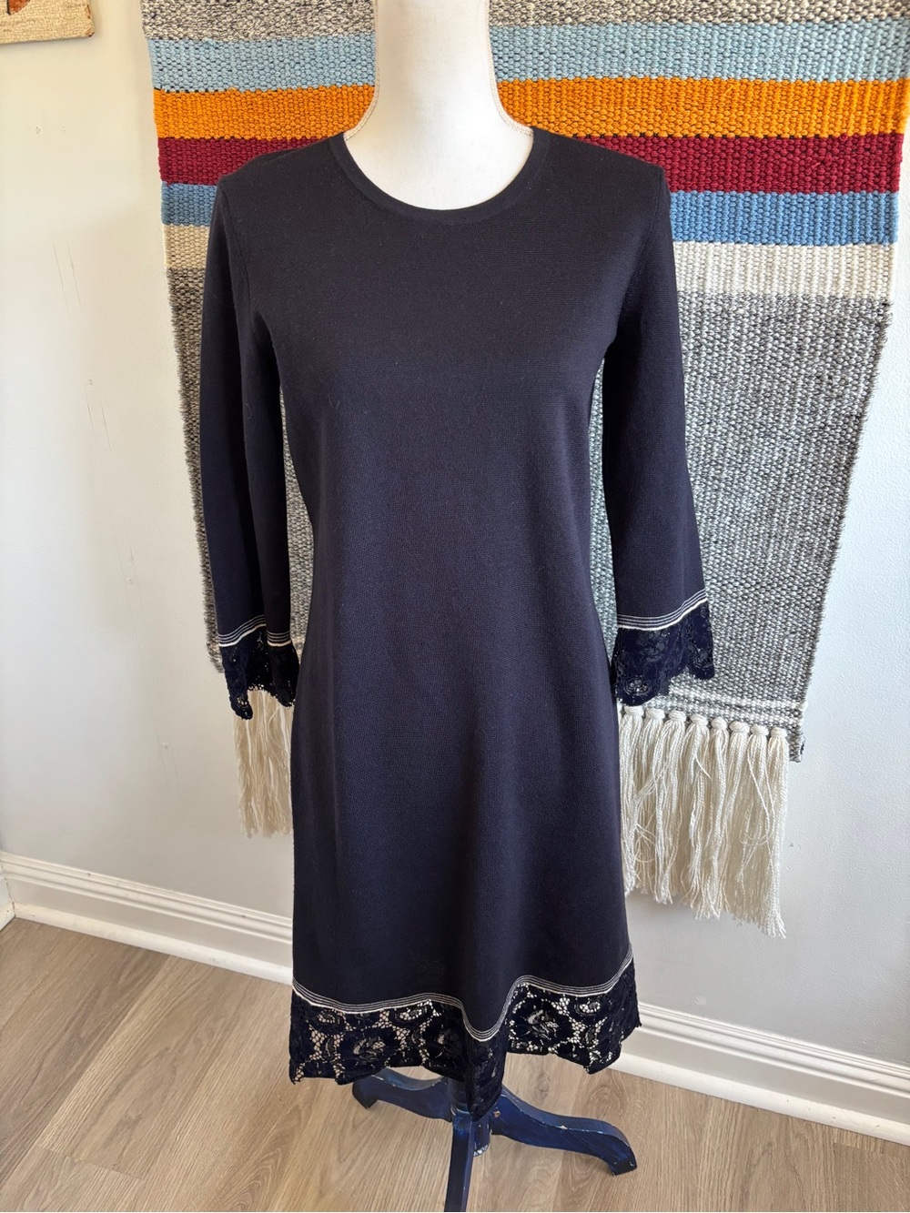 Tory Burch Navy Dress with Velvet Lace Trim Midi Dress